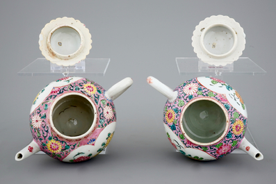 A pair of Chinese famille rose teapots on stand, Yongzheng/Qianlong, 18th C.